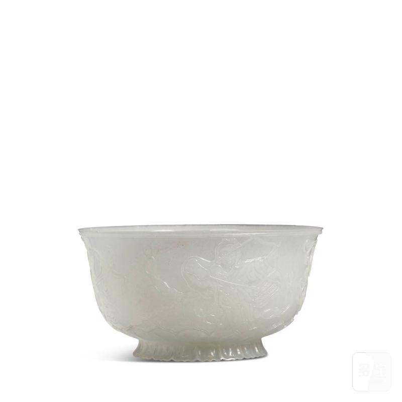 二十世紀 白玉雕痕都斯坦式飛天紋碗 | A WHITE JADE MUGHAL-STYLE 'APSARA' BOWL - 图1